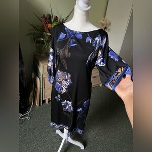 ELIE TAHARI Vintge Black & Floral Orchid Kimono Asian 100% Silk Knee-Length Dres